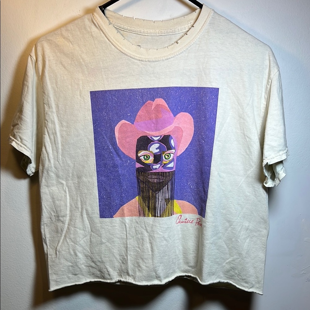 ORVILLE PECK women's cropped distressed style t-shirt, off white, SMALL